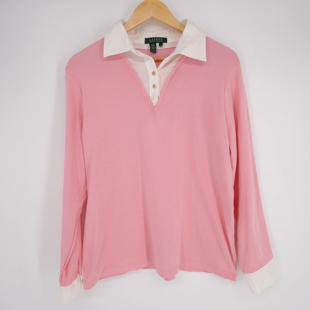 Lauren Ralph Lauren Sweater Womens 2X Pink Pullover V-Neck Shirt Collar Buttons